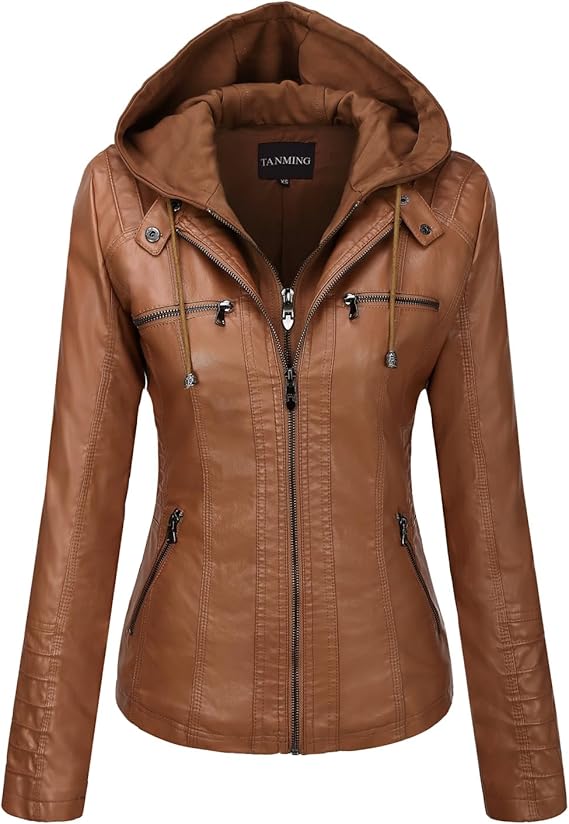 Tanming Women's Faux Leather Jacket - Light Brown 