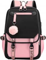 Teenage Girls' Backpack Middle School Students Bookbag Outdoor Daypack with USB Charge Port  - Black & Pink