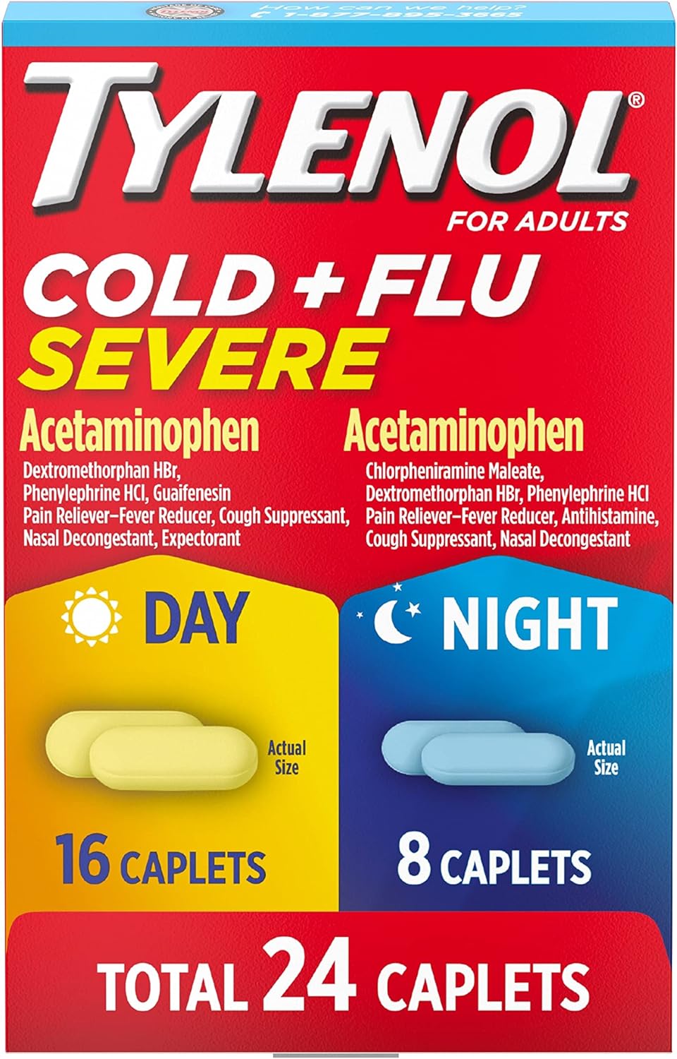 Tylenol Severe Cold & Flu, Day & Night Caplets for Fever, Pain, Cough & Congestion Relief - 24 Count