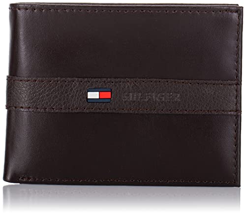Tommy Hilfiger Men's Leather Wallet - Thin Sleek Casual Bifold With 6 Credit Card Pockets And Removable ID Window, Dark Brown