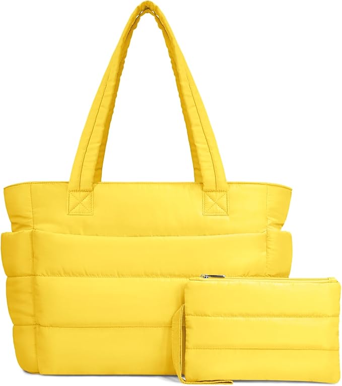 TOPDesign Puffer Tote Bag for Women – Lightweight Quilted Handbag with Compartments, Imported Premium Shoulder Bag for Work, Travel, Gym (Yellow, Medium)