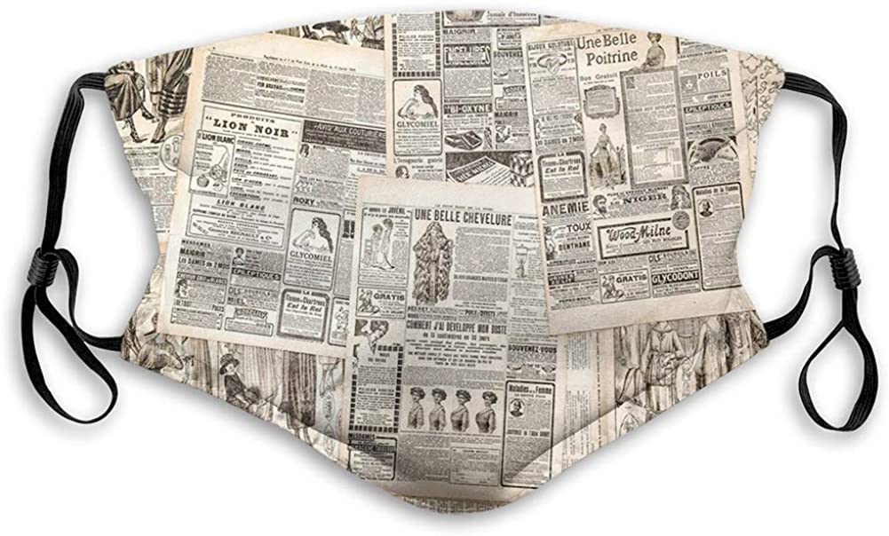 Vintage French Newspaper Comfortable Printed Retro Mask Windproof Facial Decorations for Adults, Medium Size