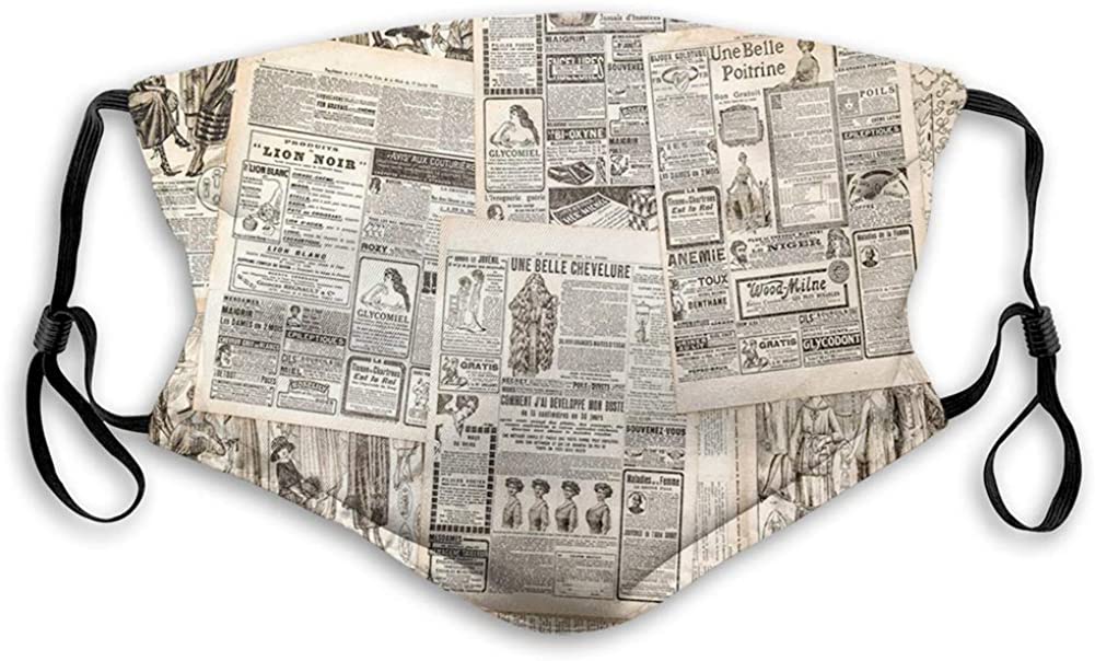 Vintage French Newspaper Comfortable Printed Retro Mask Windproof Facial Decorations for Adults, Med
