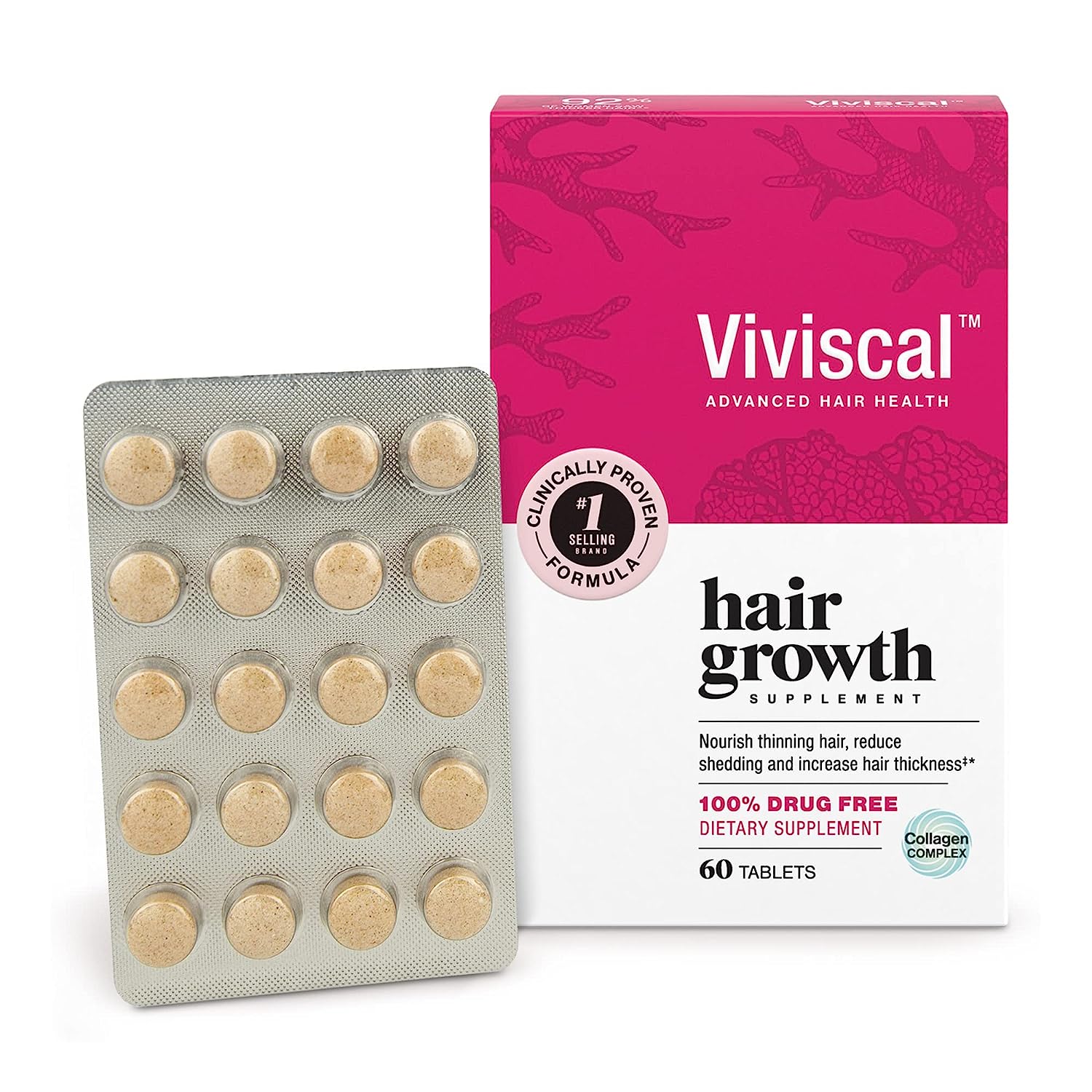 Viviscal 100% Drug Free Advance Hair Health & Growth Dietary Supplements for Women, 60 Count