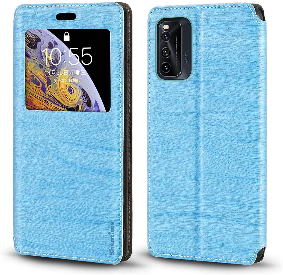 Vivo iQOO Neo 5 Lite V2118A Case, Wood Grain Leather Case with Card Holder and Window, Magnetic Flip Cover - Sky Blue