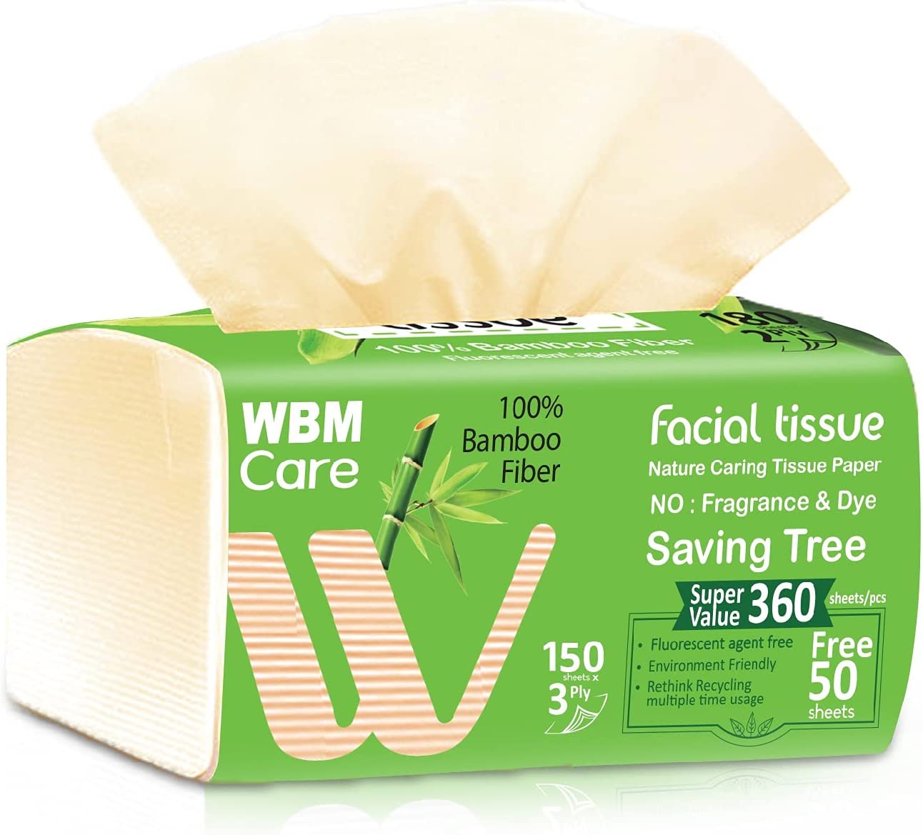 WBM Care Soft Bamboo Facial 3 Ply 150 Tissues/Box, Pack of 6