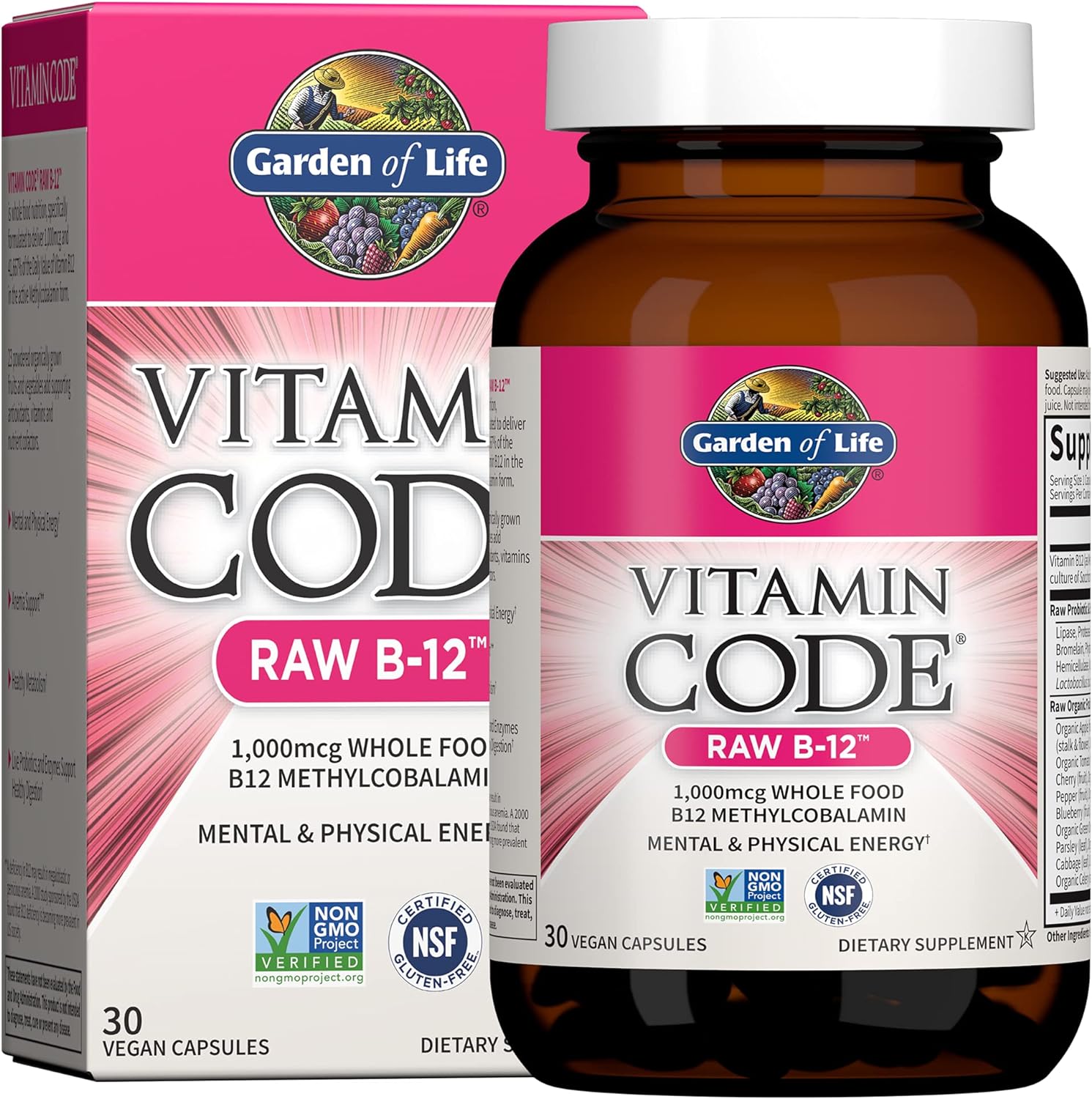 Garden of Life 1,000mcg B12 Capsules Whole Food B12 Methylcobalamin with Probiotics Gluten-Free Supplements for Energy-Boosting - 30 Caps