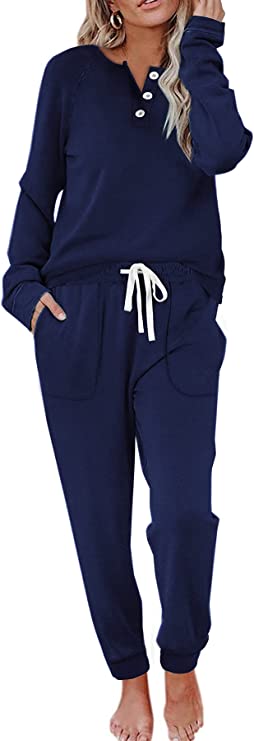 WIHOLL Two Piece Outfits for Women Lounge Sets Button Down Sweatshirt Sweatpants Sweatsuits Set with Pockets - Navy Blue