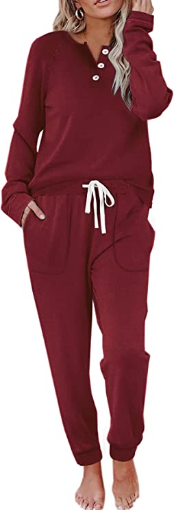 WIHOLL Two Piece Outfits for Women Lounge Sets Button Down Sweatshirt Sweatpants Sweatsuits Set with Pockets - Burgendy Red