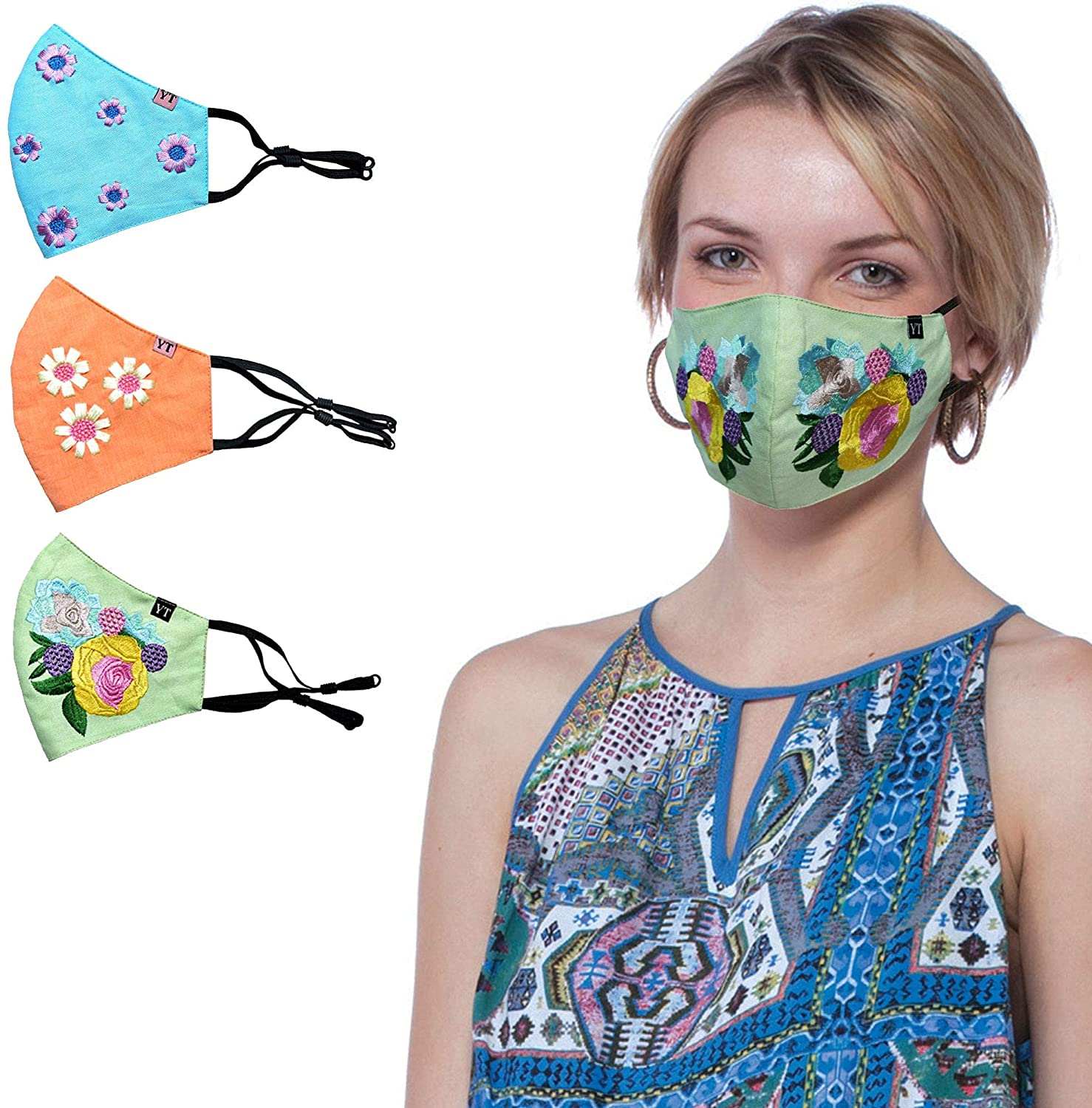 Women Floral Embroidered Face Mask Cotton Lining Handcrafted, 3 Layers - Color: Group 64