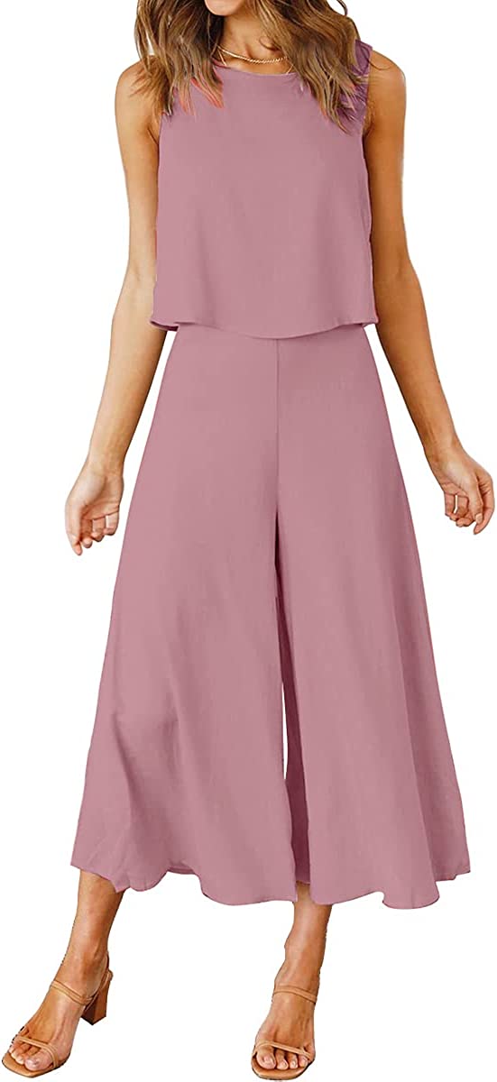 Women's Summer 2 Piece Outfits Round Neck Crop Basic Top Cropped Wide Leg Pants Set Jumpsuits - Cherry Pink, XL
