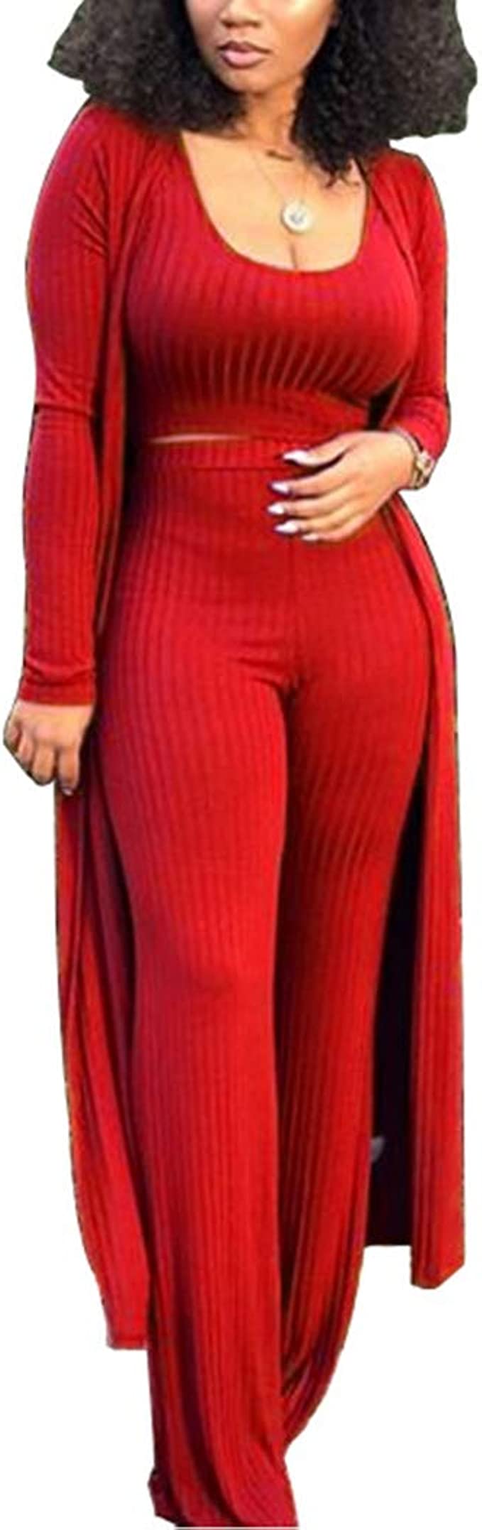 Women's Tracksuit Winter Autumn Knitted Long-sleeved Blazer Coat Tank Long Pants Three Piece Sets Outfit - Red
