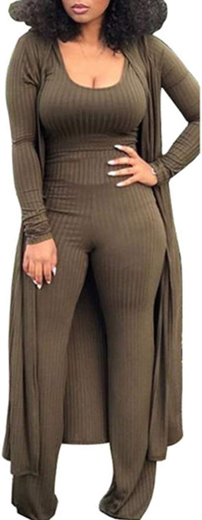 Women's Tracksuit Winter Autumn Knitted Long-sleeved Blazer Coat Tank Long Pants Three Piece Sets Outfit - Army Green