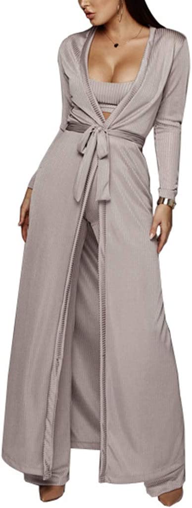 Women's Tracksuit Winter Autumn Knitted Long-sleeved Blazer Coat Tank Long Pants Three Piece Sets Outfit - Grey