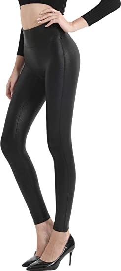 Womens Faux Leather Leggings Stretch High Waisted Pleather Pants - Black