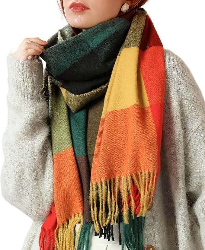 Women's Oversized Winter Blanket Scarf - Soft Plaid Chunky Wrap Shawl with Fringe (Imported)