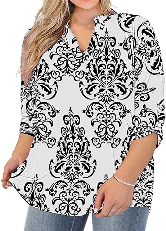 Womens Plus Size Tops V Neck T-Shirts Blouses Casual Soft Flowy Tunic Long Roll Tab Sleeves with Buttons - Floral-02