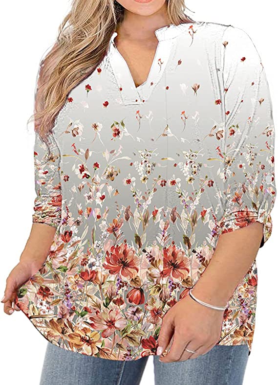 Womens Plus Size Tops V Neck T-Shirts Blouses Casual Soft Flowy Tunic Long Roll Tab Sleeves with Buttons - Floral 36