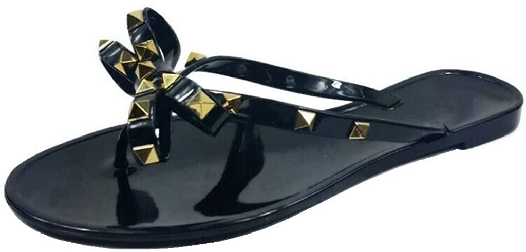 Womens Studded Flip Flops with Bow Open Toe Jelly Sandals - (Black, 8)