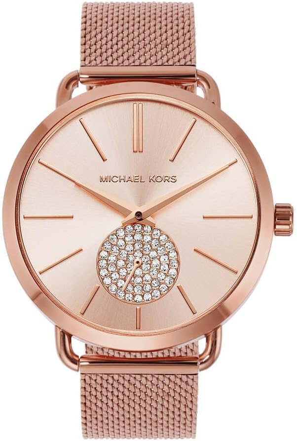 Michael Kors Portia Women's Watch – Rose Gold Stainless Steel Mesh Bracelet, 36mm Quartz Analog, Water Resistant