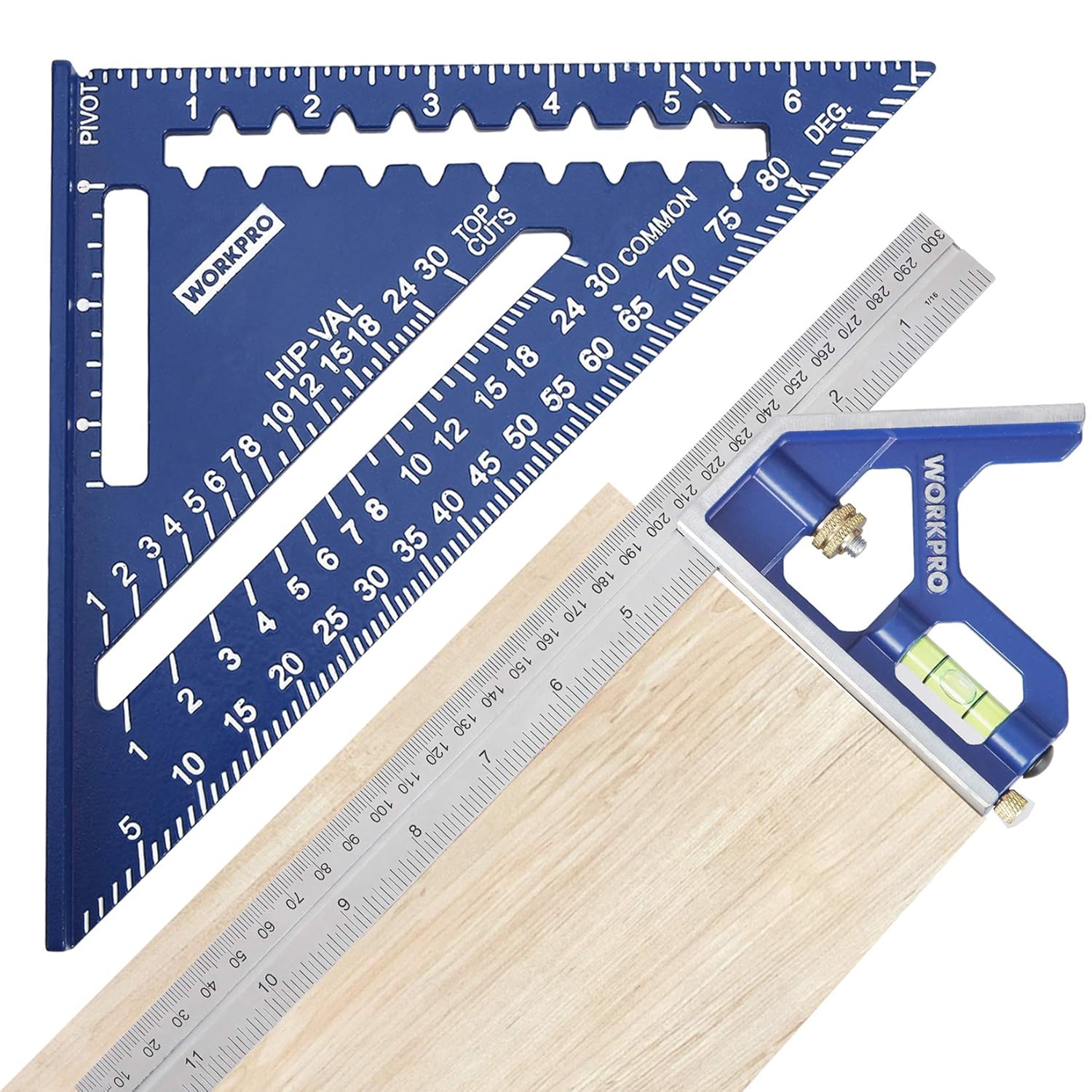 WORKPRO Rafter Square & Combination Square Tool Set – 7″ Aluminum + 12″ Zinc Alloy Measuring & Layout Tools