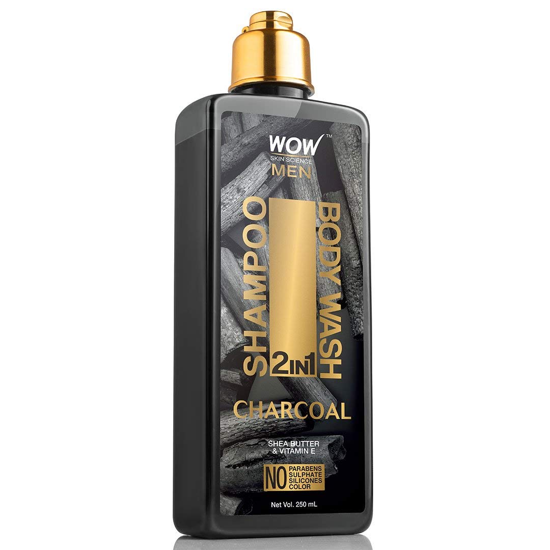 WOW Skin Science Charcoal 2-in-1 Natural Body Wash & Shampoo for Men & Women with Shea Butter & Vitamin E-  8.4 Fl Oz (250ml)
