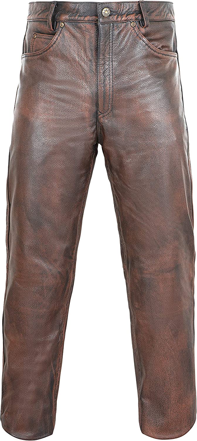 ZAWIAR Men's Distressed Motorcycle Leather Jeans Style Pants for Men -Brown