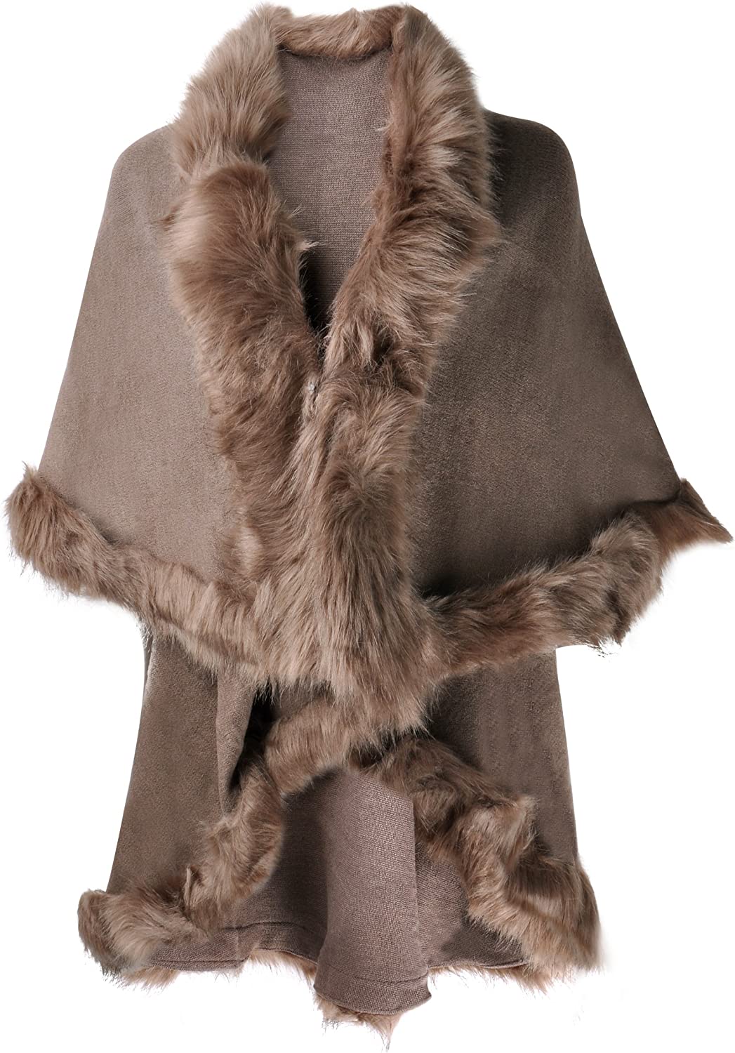 ZLYC Women Fine Knit Open Front Faux Fur Trim Layers Poncho Cape Cardigan Sweater - Khaki